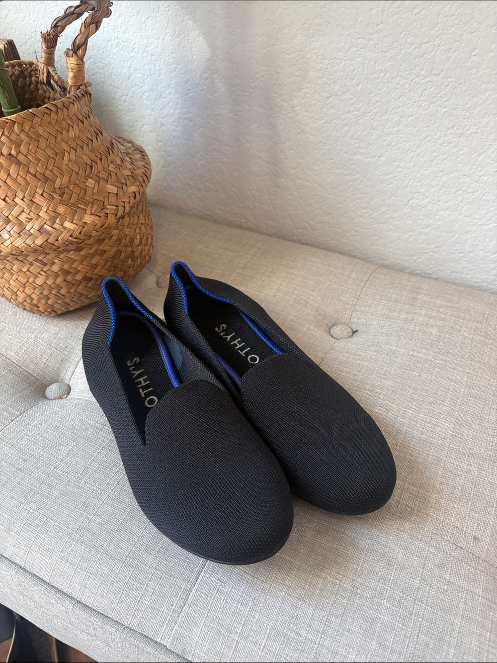 Excellent preowned condition Rothy's Black Slip-On Loafers with Blue Trim size 8